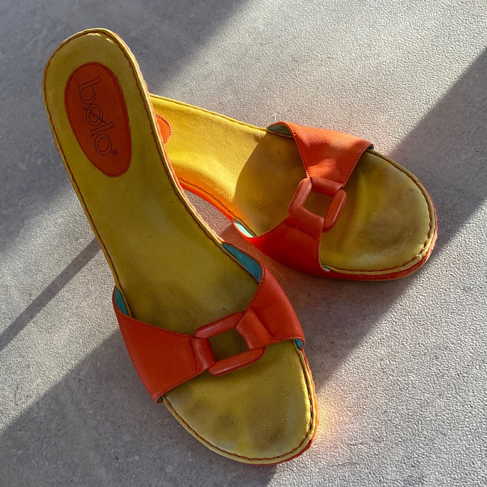 Bold Orange and Yellow Bolo Slides with Kitten Heel Sandals